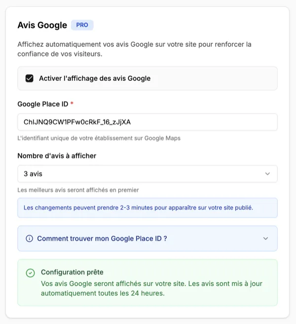 Section avis Google dans le tableau de bord Resto1Click