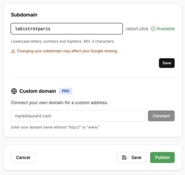Custom domain configuration in the Resto1Click dashboard