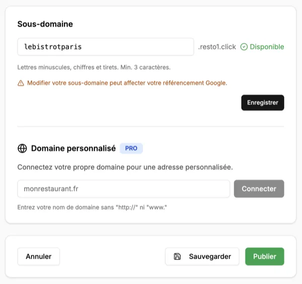 Configuration du domaine personnalisé dans le tableau de bord Resto1Click