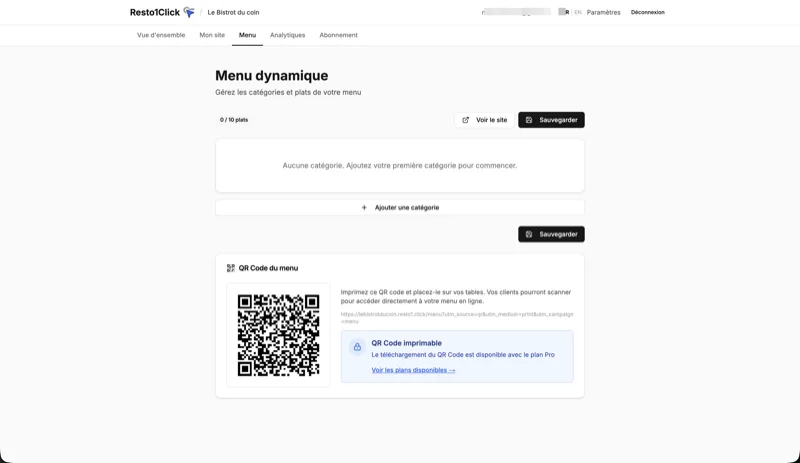 Éditeur de menu Resto1Click — ajout de catégories et de plats