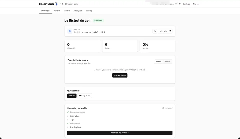 Resto1Click dashboard — customize your restaurant site