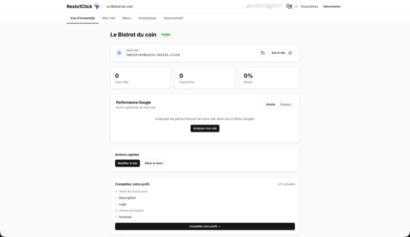 Tableau de bord Resto1Click — modifier et personnaliser votre site