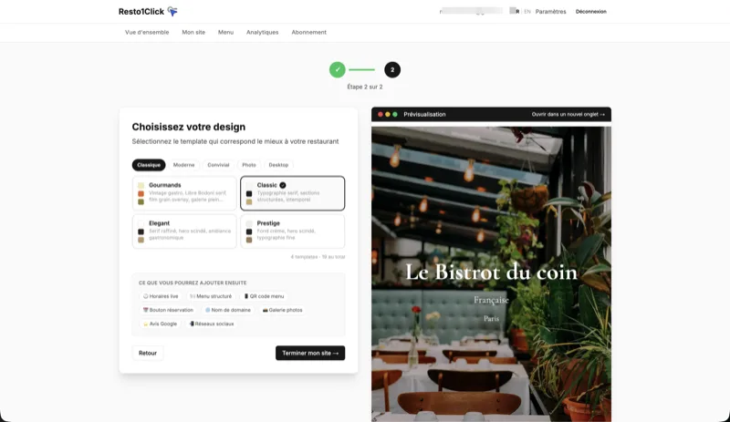 Sélection du template Resto1Click — aperçu en temps réel