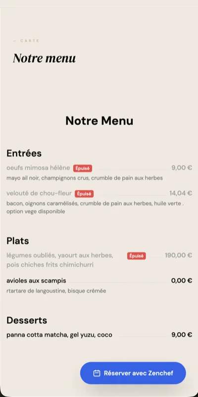 Page menu restaurant sur smartphone via Resto1Click
