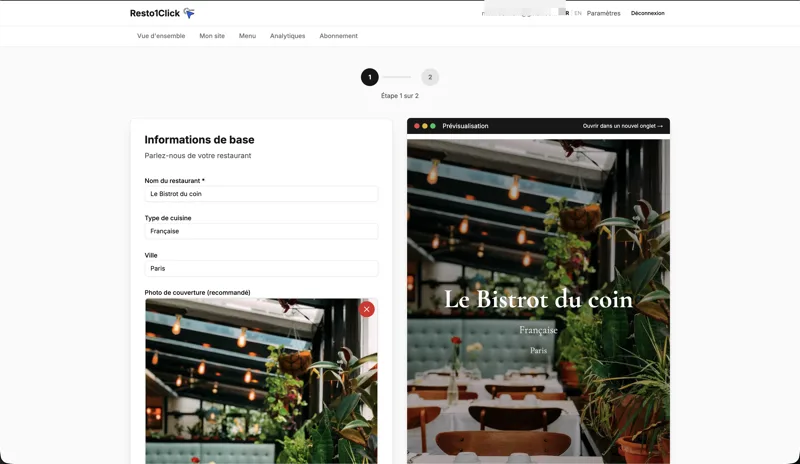 Formulaire de création Resto1Click — nom, cuisine et photo de couverture